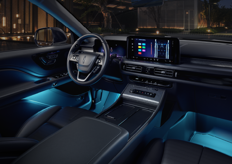 Deep blue ambient lighting glows from various places within a 2025 Lincoln Aviator® SUV. | Gary Yeomans Lincoln in Daytona Beach FL